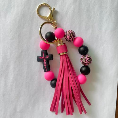 Silicone Beaded Jesus Cross Wristlet Keychain Leather Tassel,Key Ring Wrist Bangle,Key Chains Bracelet Women - color: Dark Pink Cross