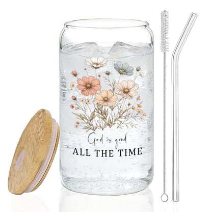 IWXYI Floral Christian Glass Cup with Lids and Straws 14oz, Christian Gifts for Women, God Is Good All the Time Bible Verse Religious Iced Coffee Tea Drinking Glasses with Cleaning Brush - color: Floral Christian