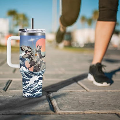 Christian Gifts for Women 40oz Tumbler - Insulated Travel Mug with Handle (Cat-Dinosaur, 40 Ounces) - color: Cat-Dinosaur