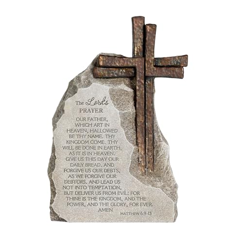 The Lord's Prayer Stone Decor with Bronze Color Cross, 9.4 inches, Religious Table Decoration for Home Office Traditional KJV Version - color: Gray