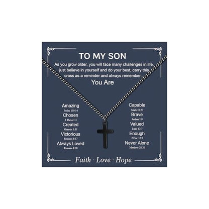 Small Cross Necklace for Boys Baptism Christmas Confirmation Valentines Easter Birthday Gifts to Teens Son Grandson Nephew - color: black, style: Son
