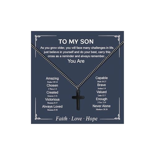 Small Cross Necklace for Boys Baptism Christmas Confirmation Valentines Easter Birthday Gifts to Teens Son Grandson Nephew - color: black, style: Son