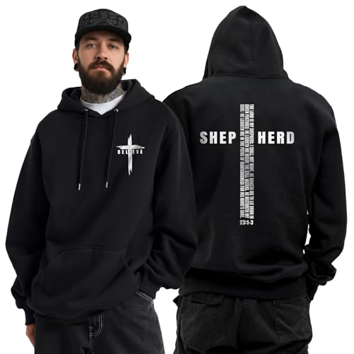 Christian Hoodies for Men Women, Religious Faith Sweatshirt Cross Jesus Psalms 23:1-3 Letter Print Graphic Hoodies - color: Cross Black, size: Small