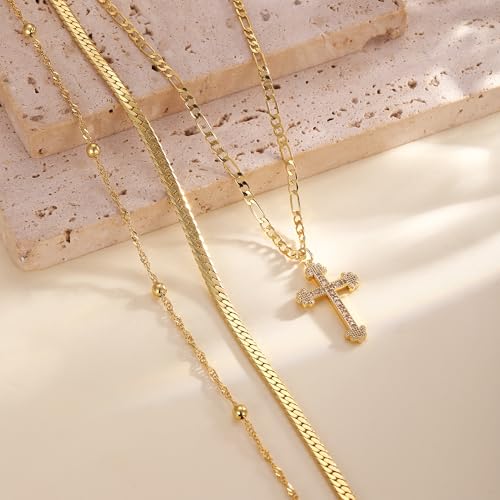 Amicon Cross Necklace for Women 14K Gold Plated Dainty Heart Cross Pendant Choker Simple Trendy Cute Cross Charm Diamond Necklace Faith Jewelry Religious Minimalist Gift - style: Layered Figaro Cross-GD