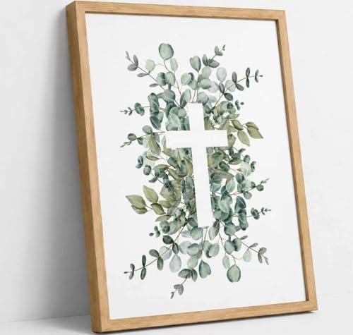 Framed Cross Eucalyptus Leaf Wall Art Picture Scripture Christian Prints Canvas Paintings Bible Poster Green Religion Minimalist Decor 16x24 Inches - color: Botanical Leaves, size: 16"L x 24"W