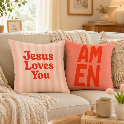 Inspirational Christian Pillow Cover 18x18, Christian Gifts for Women, Jesus Loves You Colorful Bible Verse Religious Pillow Pillowcase for Home Bedroom Living Room Bed Church, Set of 4 - color: Red
