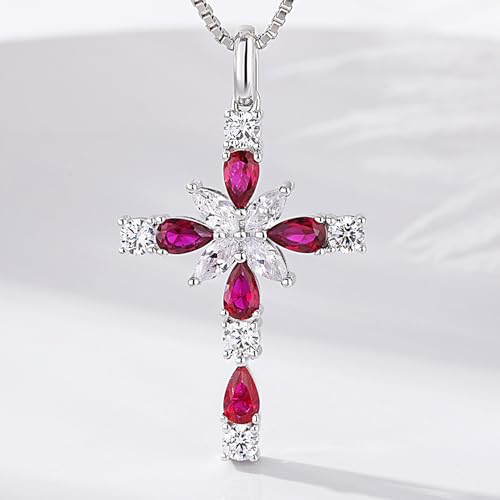 925 Sterling Silver Cross Necklace for Women，Birthday Delicate Star Cross Necklace Jewelry Gifts for Women，Birthstone Religious Jewelry for Mom, Chain 18 inch - color: G. 7. Red-July-Ruby