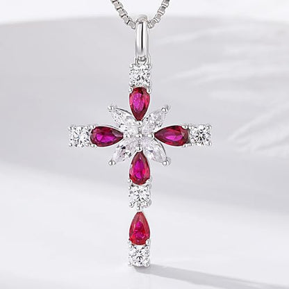 925 Sterling Silver Cross Necklace for Women，Birthday Delicate Star Cross Necklace Jewelry Gifts for Women，Birthstone Religious Jewelry for Mom, Chain 18 inch - color: G. 7. Red-July-Ruby