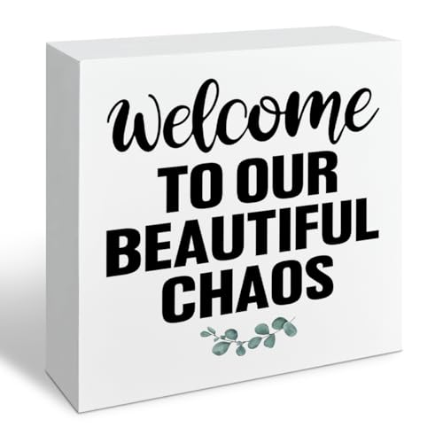 Farmhouse Home Decor, Welcome To Our Beautiful Chaos Wooden Sign, Living Room Wall Art, Family Room Signs, Housewarming Gift, Box Sign Decor Tabletop, Hallway Decoration, 5.1x5.1inches - color: Home 15