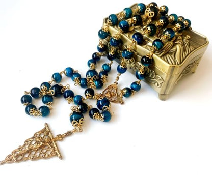 Handmade vintage copper 5 dacade rosary for women & men Natural Tiger Eye Stone Beads Necklace Perfect Catholic gifts with box