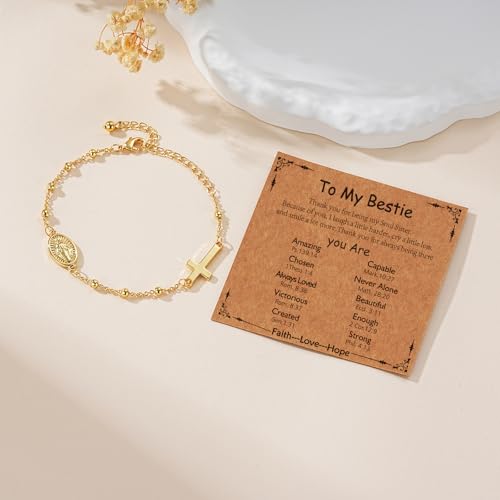 Gnamy Happy 13th 15th 16th 21th 30th 40th 50th Birthday Bracelet Gifts for Women Girls, 14k Gold Plated Virgin Mary Cross Bracelet Catholic Religious Friendship Jewelry for Her - style: To My Bestie