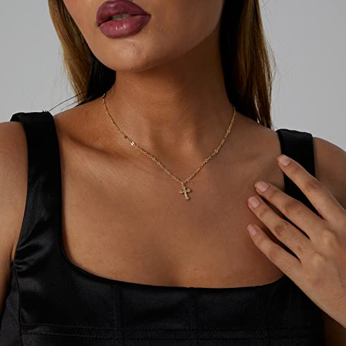 VIROMY Gold Cross Necklace for Women 14K Gold Plated Cute Sidways Cross Pendant Choker Necklaces Simple Trendy Everyday Jewelry for Women - style: Tiny Lace Chain Cross-38CM-Gold