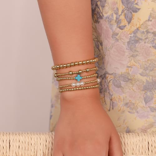 Gold Beaded Pearl Cross Bracelets Stackable Christian Stretch Jewelry Set - color: Turquoise Blu