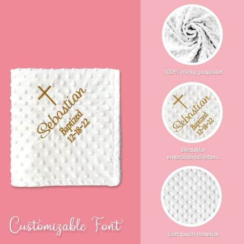 Baptism Blanket Personalized Baby Gifts – Luxurious Baptismal Gifts Textured Baby Blanket with Name, Date – Unique Christening Gifts for Girls and Boys – Soft Minky (White/Gold) - color: White/Gold