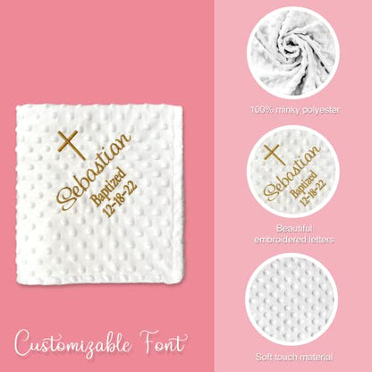 Baptism Blanket Personalized Baby Gifts – Luxurious Baptismal Gifts Textured Baby Blanket with Name, Date – Unique Christening Gifts for Girls and Boys – Soft Minky (White/Silver) - color: White/Silver