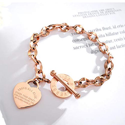 Heart Charm Bracelet for Women 14K Gold/Silver/Rose Gold Tone Stainless Steel Bible Verse Engraved OT Clasp Link Bracelets - color: rose gold