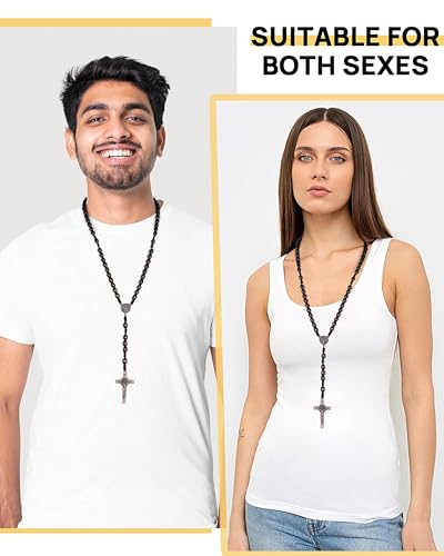 Wooden Rosary Beads, Rosarios Catolicos with Metal Cross for Men & Women - color: Woven Coffee