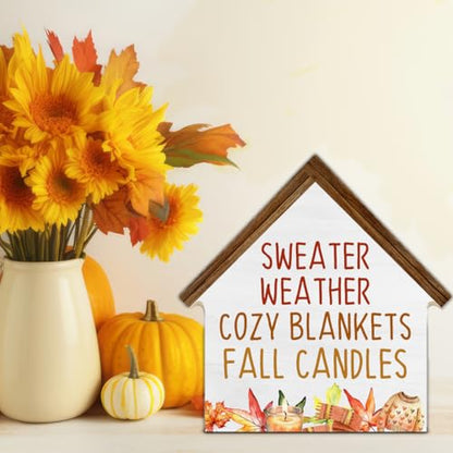 Fall Home Decor, Sweater Weather House Shaped Wood Block Sign - color: Sweater