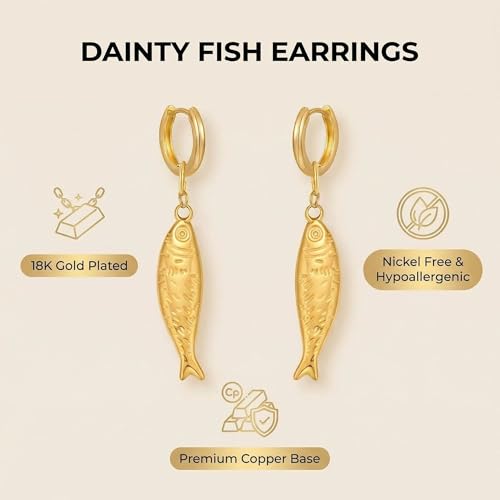 Gold Fish Dangle Earrings for Women, Hypoallergenic Small Gold Huggie Hoops, Unique Beach Jewelry Aretes de Mujer