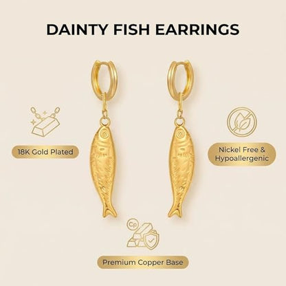 Gold Fish Dangle Earrings for Women, Hypoallergenic Small Gold Huggie Hoops, Unique Beach Jewelry Aretes de Mujer