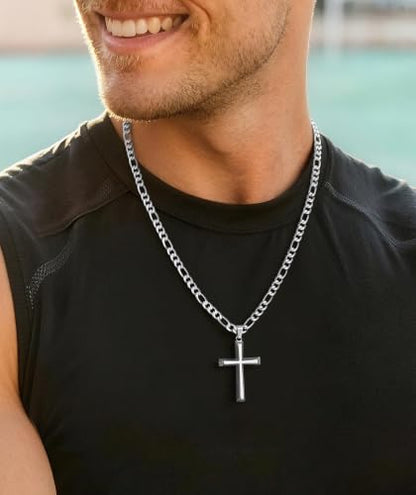 925 Sterling Silver Cross Necklace for Men with 5mm Figaro Chain - color: Silver, size: 20 inches