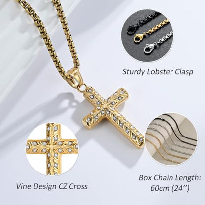 Men's Cross Necklace, Vine Design Iced‑Out Cubic Zirconia - color: gold