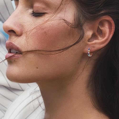 14K Gold Huggie Earrings for Women Silver Huggie Hoop Earrings Cubic Zirconia Huggie Earrings Stud Earrings Lightweight Dainty Hypoallergenic Earrings Jewelry Gifts - color: Silver Rainbow CZ Huggies