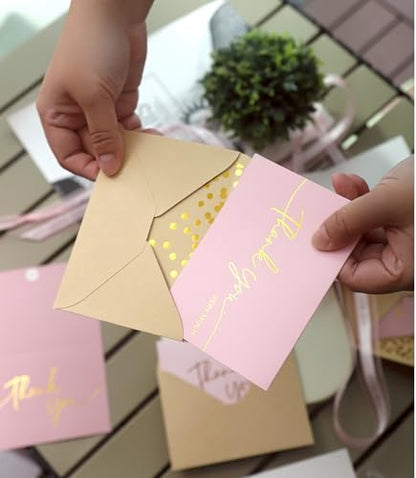 Winoo Design 100 PK Pink and Gold Thank You Cards with Envelopes Bulk - 5 x 3.5 Inches Personalized Thank You Notes for Baby Shower Wedding Small Business Graduation Funeral Birthday - color: PINK