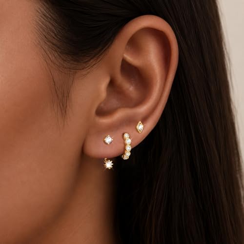 14K Gold Planted Seashell Starfish Stud dangle Earrings for Women, Summer Beach Hoop Earrings for Multiple Piercing Cartilage, Dainty Trendy Dangling Earring 3 Pairs Set Vacation Ocean Outfits Accessories Jewelry - color: CZ-Gold