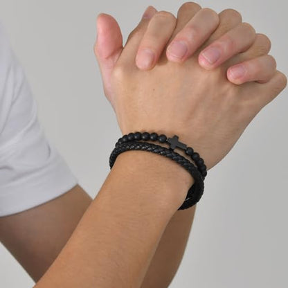 Mens Cross Bead Braided Genuine Leather Bracelet, Black Gemstone Agate Onyx Beaded Rosary Obsidian Bangle, Faith Religious Easter Catholic Christian Communion Baptism Christmas Jewelry Gift for Men - color: Black-7.87IN
