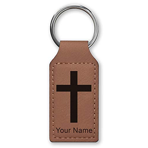 LaserGram Rectangle Keychain, Christian Cross, Personalized Engraving Included - color: Dark Brown