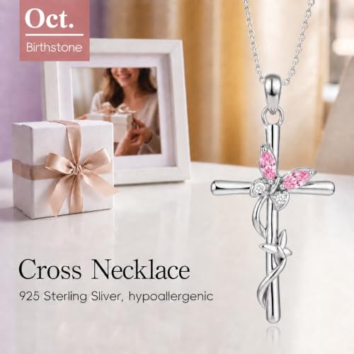 Distance Cross Necklace for Women 925 Sterling Silver Jewelry Pendant Necklace for Mom Wife Gift for Mother's Day or Birthday - style: 10-Pink