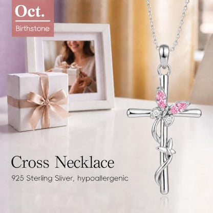 Distance Cross Necklace for Women 925 Sterling Silver Jewelry Pendant Necklace for Mom Wife Gift for Mother's Day or Birthday - style: 10-Pink