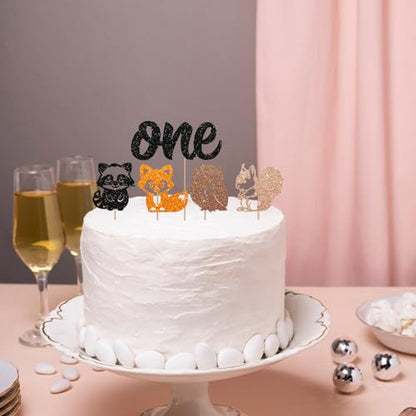 Woodland Animal One Cake Topper, Woodland 1st Birthday Cake Decor, Black Glitter Forest Friends Cake Topper for Kids, Woodland Animal Themed Baby Shower Party Decoration - style: Animal One