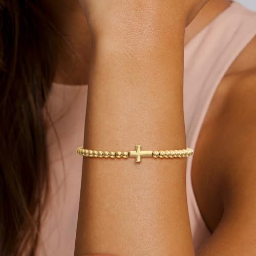 Gold Bracelets for Women 14K Gold Plated Bead Bracelet Hypoallergenic Stretch Bracelets for Women Elastic Bracelet Trendy Teen Gift Dainty Jewelry for Women - style: Cross
