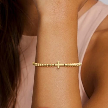 Gold Bracelets for Women 14K Gold Plated Bead Bracelet Hypoallergenic Stretch Bracelets for Women Elastic Bracelet Trendy Teen Gift Dainty Jewelry for Women - style: Cross