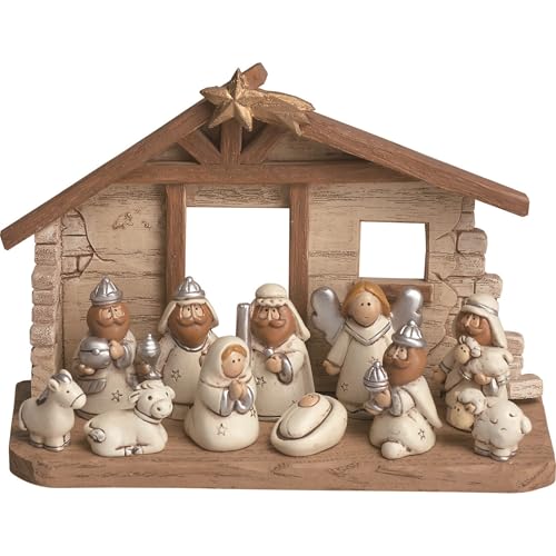 Miniature Kids Nativity Scene with Creche, Set of 12 Rearrangeable Figures