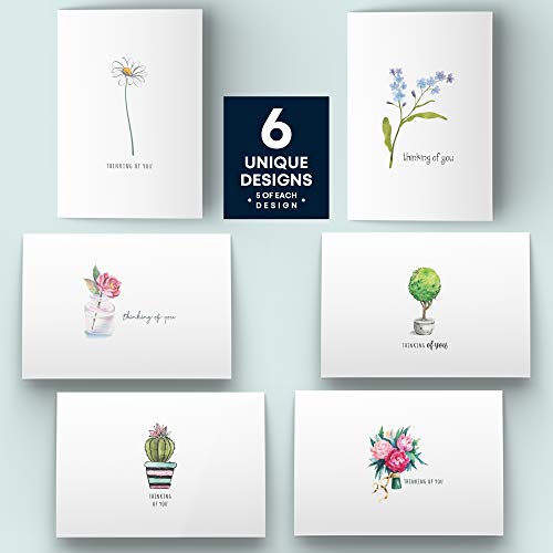 Dessie 30 Thinking of You Cards With Envelopes. 30 4x6 Inch Note Cards with Envelopes - Blank Inside with 6 Unique Floral Designs. White & Colorful Envelopes and Gold Seals In Sturdy Storage Box - color: Thinking of You - 30 Floral