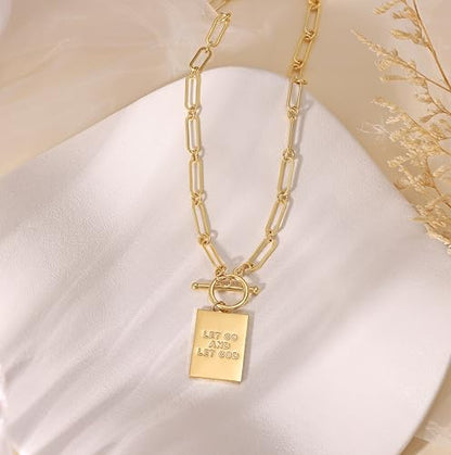 CHESKY Cross Necklace for Women Trendy, Dainty 14K Gold Plated Paperclip Charm Necklace for Womens Chunky Cross Pendant Necklace Gold Jewelry Religious Christian Gifts for Christians - color: LET GO AND LET GOD