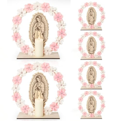 6 Set Our Lady of Guadalupe Wooden Table Statues 10 Inch Virgen De Guadalupe Picture Frames Baptism Centerpieces with 18 Flowers Baptism Favors for Guests First Communion Gifts Catholic Church Decor