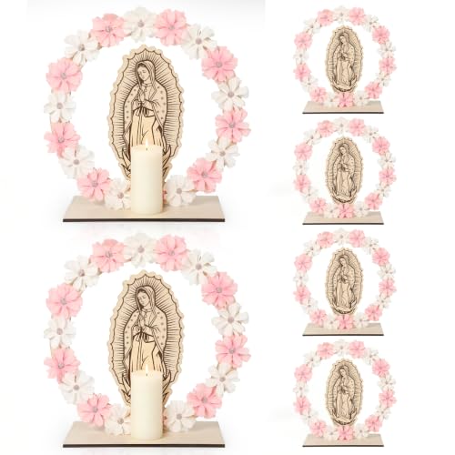 6 Set Our Lady of Guadalupe Wooden Table Statues 10 Inch Virgen De Guadalupe Picture Frames Baptism Centerpieces with 18 Flowers Baptism Favors for Guests First Communion Gifts Catholic Church Decor
