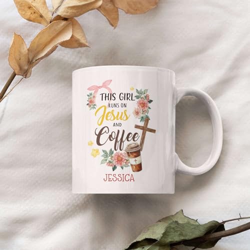 This Girl Runs On Jesus And Coffee Mugs, Custom Christian Cross On Tea Cup With Flowers, Personalized Choose Name Porcelain Mugs, Art Christ Themed Travel Cup, Birthday Mug Present - color: XUA-324-1558-Jesus And Coffee
