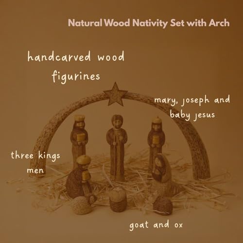 Wooden Nativity Set, Seasonal Home Decor, Collectible Wood Figurines, Christmas, Religious, Catholic Home, Christian, Jesus Manger Scene, Holy Family, Tabletop, Rustic, Star Arch (Brown) - color: Brown