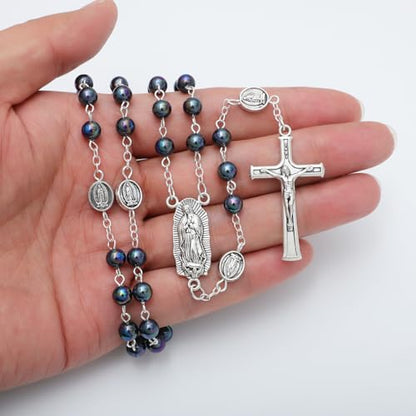 KOMI 6mm Glass Pearl Rosary Beads Catholic for Women with Metal Rosary Box Religious Gifts - style: Guadalupe-black