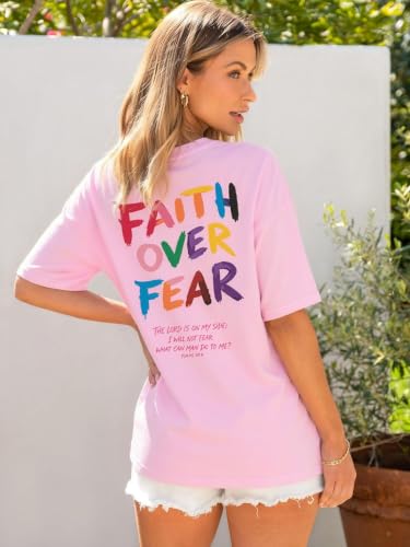 Faith Over Fear Shirt for Women Graphic Shirts Oversized Graphic Christian Tshirts Tees Tops - color: Pink a, size: Medium