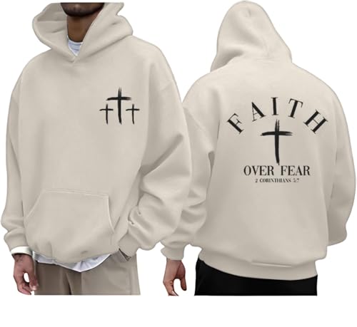 Men Faith Over Fear Christian Cross Graphic Pullover Hoodie - color: Apricot, size: X-Large