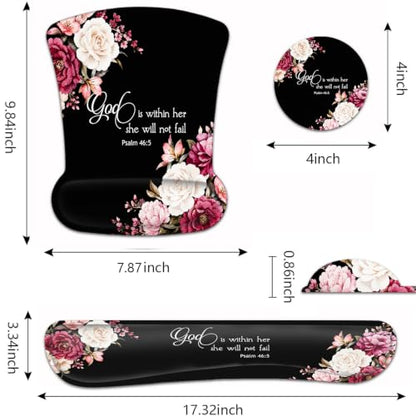 Keyboard Wrist Rest Pad and Ergonomic Mouse Pad Wrist Support Set Psalm 46:5 God is Within Her, She Will Not Fall Peony Flower for Gaming, Office, Comfortable and Pain Relief with Coaster Set - color: Fd-wristrest-2-6