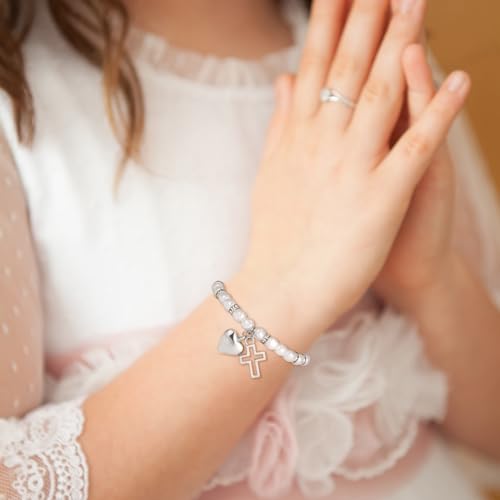 Eaciy First Communion Gifts for Girls - 14K Whited Gold Plated Cross Heart Bracelet First Baptism Communion Communion Bracelet Gifts for Teen Girls - color: Confirmation