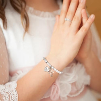 Eaciy First Communion Gifts for Girls - 14K Whited Gold Plated Cross Heart Bracelet First Baptism Communion Communion Bracelet Gifts for Teen Girls - color: Confirmation