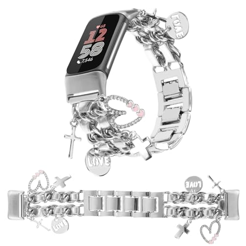 Stylish Metal Wristband Compatible with Fitbit Charge 6/Charge 5 Bands for Women,Cute Strap with Unique Love Cross Pendants Chain Charms Bracelet for Charge 5 6 Fitness Tracker - color: Silver+Silver Leather